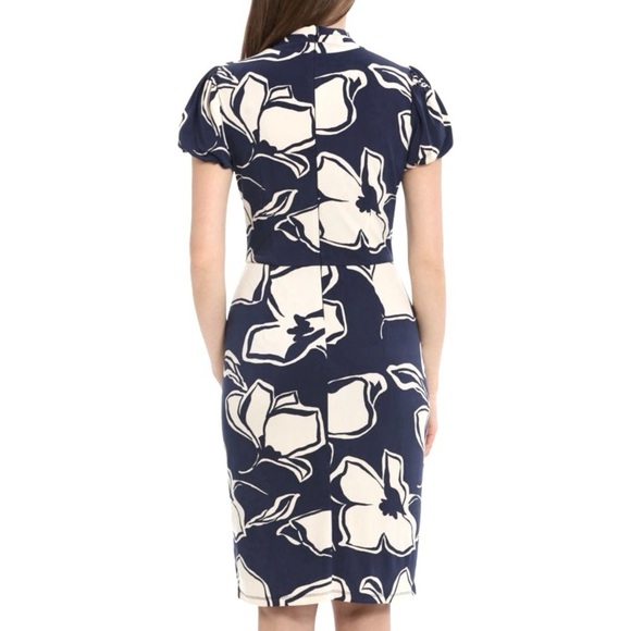 MAGGY LONODN Printed Stretch Twisted Mock Neck Short Sleeve Dress Size 10 - Picture 3 of 6